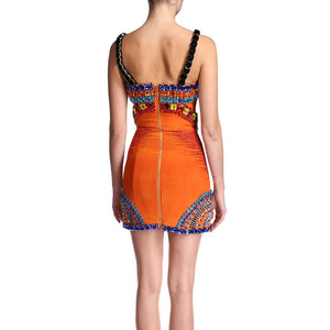 Handmade Split Mesh Square Neck Mini Dress with Crystal and Bead Embellishments, Back Zipper Closure