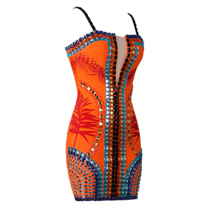 Handmade Split Mesh Square Neck Mini Dress with Crystal and Bead Embellishments, Back Zipper Closure