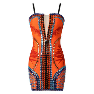 Handmade Split Mesh Square Neck Mini Dress with Crystal and Bead Embellishments, Back Zipper Closure