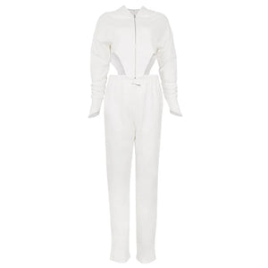 White Vintage V-Cut Zip-Up Hoodie and Pants Set with Finger Loop and Side Slit Pockets