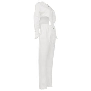 White Vintage V-Cut Zip-Up Hoodie and Pants Set with Finger Loop and Side Slit Pockets