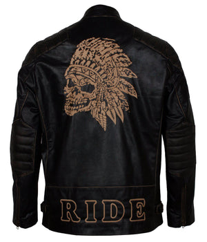 Men's Black Red Indian Skull Real Leather Biker Jacket with Ride Inscription