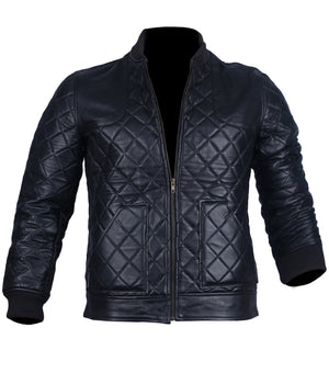 Men's Black Diamond Quilted Leather Bomber Jacket