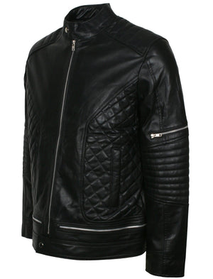Men's Biker Black Real Leather Quilted Moto Jacket with Zippered Pockets
