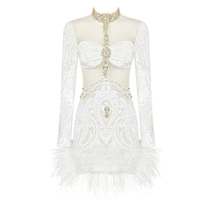 Women's Elegant White Feather and Sequin Mini Dress with Turtleneck and Long Sleeves for Party Clubwear