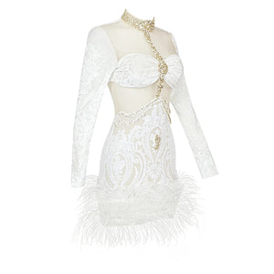 Women's Elegant White Feather and Sequin Mini Dress with Turtleneck and Long Sleeves for Party Clubwear