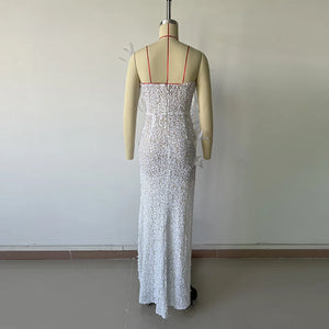 Elegant Strapless Sequin Dress with Pearl Beading, Feather Accents, and Side Split