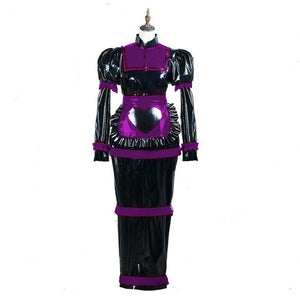 Maid Cosplay Adult WetLook PVC Leather Maxi Dress with Heart Apron Lockable Costume Multi-Color Size 7XL Halloween