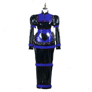 Maid Cosplay Adult WetLook PVC Leather Maxi Dress with Heart Apron Lockable Costume Multi-Color Size 7XL Halloween