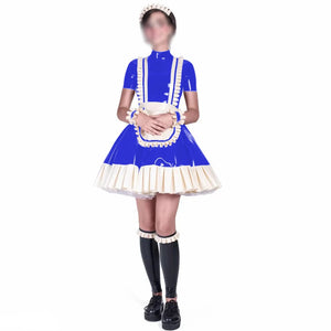 Shiny PVC Turtleneck Maid Mini Dress with Ruffles Apron Short Puff Sleeve Lolita Cosplay Costumes Plus Size Multi-Color
