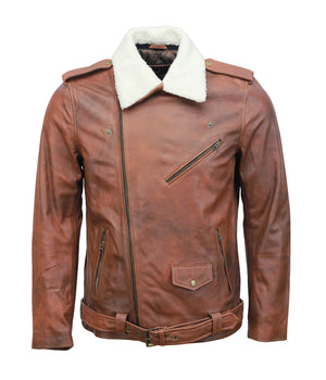 Vintage Brown Motorcycle Leather Jacket with Fur Collar for Men