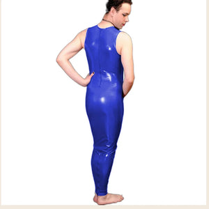 Men's Wetlook PVC Leather Bodycon Sleeveless O-Neck Ankle-Length Pencil Dress with Multi-Color Options