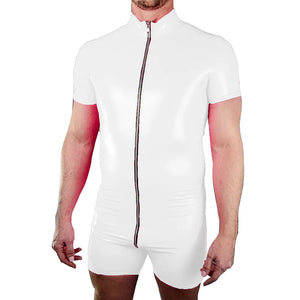 Men's Shiny PVC Rompers Wetlook Mock Neck Short Sleeve One-Piece Zipper Open Crotch Bodysuit Clubwear Multi-Color
