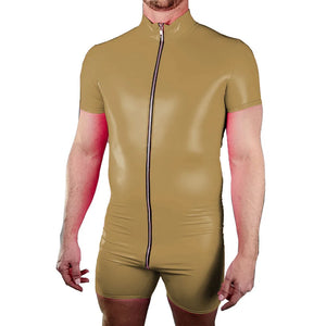 Men's Shiny PVC Rompers Wetlook Mock Neck Short Sleeve One-Piece Zipper Open Crotch Bodysuit Clubwear Multi-Color