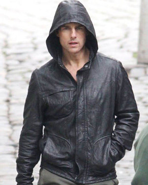 MI Ghost Protocol Tom Cruise Black Leather Hooded Jacket