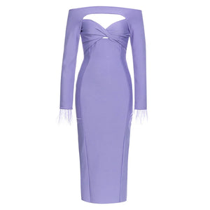 Elegant Off-Shoulder Purple Midi Dress with Hollow Chest Detail and Long Feathered Sleeves