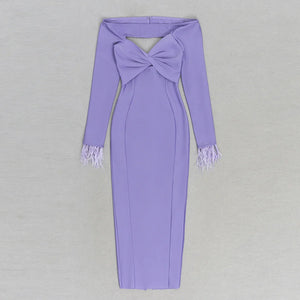 Elegant Lavender Off-Shoulder Long Sleeve Dress with Hollow Cut-Out and Feather Details