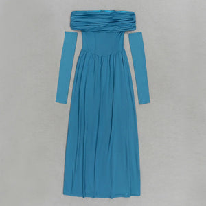 Elegant Blue One-shoulder Long Party Dress with Gathered Waist