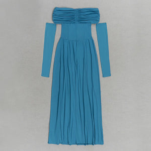Elegant Blue One-shoulder Long Party Dress with Gathered Waist