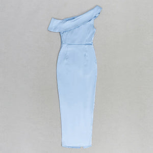 Elegant Blue One-Shoulder Satin Dress with Asymmetrical Hem and Side Zipper