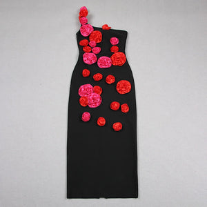 One-Shoulder Black Midi Dress with Red Floral Applique