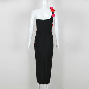 One-Shoulder Black Midi Dress with Red Floral Applique