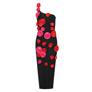 One-Shoulder Black Midi Dress with Red Floral Applique