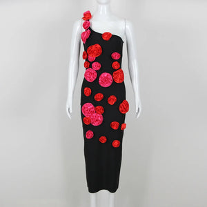 One-Shoulder Black Midi Dress with Red Floral Applique