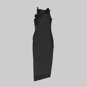 Elegant Black Slim Dress with Asymmetrical Pleats and Flower Detail