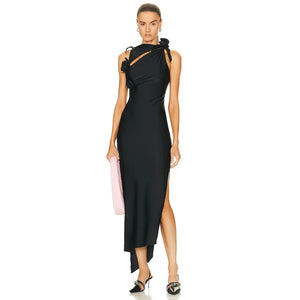 Asymmetric Hem Black Dress with Pleated Bow Detail and Side Slit