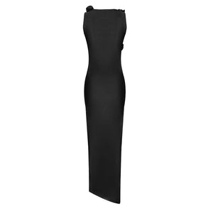 Elegant Black Slim Dress with Asymmetrical Pleats and Flower Detail