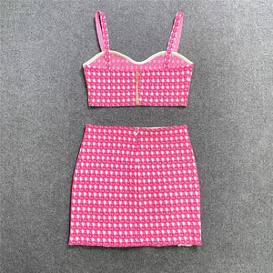 Pink Rose Jacquard Houndstooth Two-piece Set with Sequin Accents