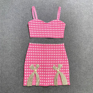 Pink Rose Jacquard Houndstooth Two-piece Set with Sequin Accents