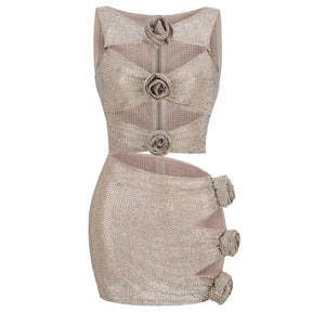 Sparkling Rhinestone Embellished Cut-Out Dress for Evening Wear