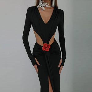 Black Long Sleeve V-Neck Maxi Dress with High Split and Red Flower Waist Detail