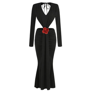 Black Long Sleeve V-Neck Maxi Dress with High Split and Red Flower Waist Detail