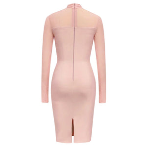 Elegant Blush Pink Bodycon Dress with Gauze Long Sleeves and Slim Fit for Parties