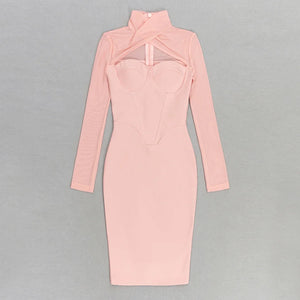 Elegant Blush Pink Bodycon Dress with Gauze Long Sleeves and Slim Fit for Parties