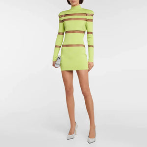 Elegant Long Sleeve Lime Green Dress with Sheer Brown Stripes