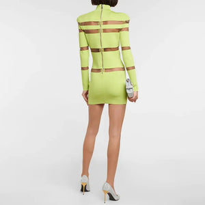 Elegant Long Sleeve Lime Green Dress with Sheer Brown Stripes