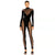 Women's Black Velvet and Sheer Mesh Turtleneck Catsuit with Long Sleeves and Off-the-Shoulder Design
