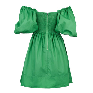 Green Off-the-Shoulder Mini Dress with Keyhole Twist Front, Puff Sleeves, and Side Pockets