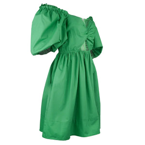 Green Off-the-Shoulder Mini Dress with Keyhole Twist Front, Puff Sleeves, and Side Pockets