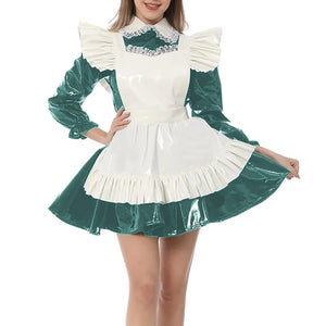 Kawaii Peter Pan Collar Mini Maid Dress with Ruffle Apron Shiny PVC Leather Sissy Cosplay Clothes Multi-Color