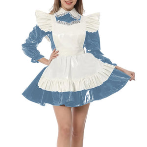 Kawaii Peter Pan Collar Mini Maid Dress with Ruffle Apron Shiny PVC Leather Sissy Cosplay Clothes Multi-Color