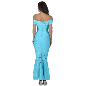 Off-Shoulder Teal Rayon Jacquard Bandage Maxi Dress with Cut-Out Details and Mermaid Skirt