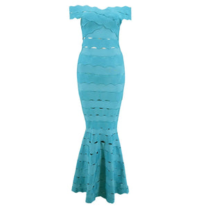 Off-Shoulder Teal Rayon Jacquard Bandage Maxi Dress with Cut-Out Details and Mermaid Skirt