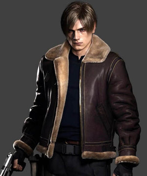 RE4 Remake Leon Kennedy Leather Jacket with Shearling Lining