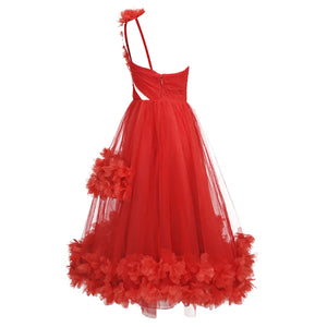 Red One-Shoulder Floral Dress with Fluffy Mesh Skirt and Embellished Details