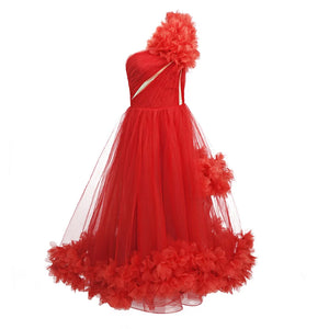 Red One-Shoulder Floral Dress with Fluffy Mesh Skirt and Embellished Details